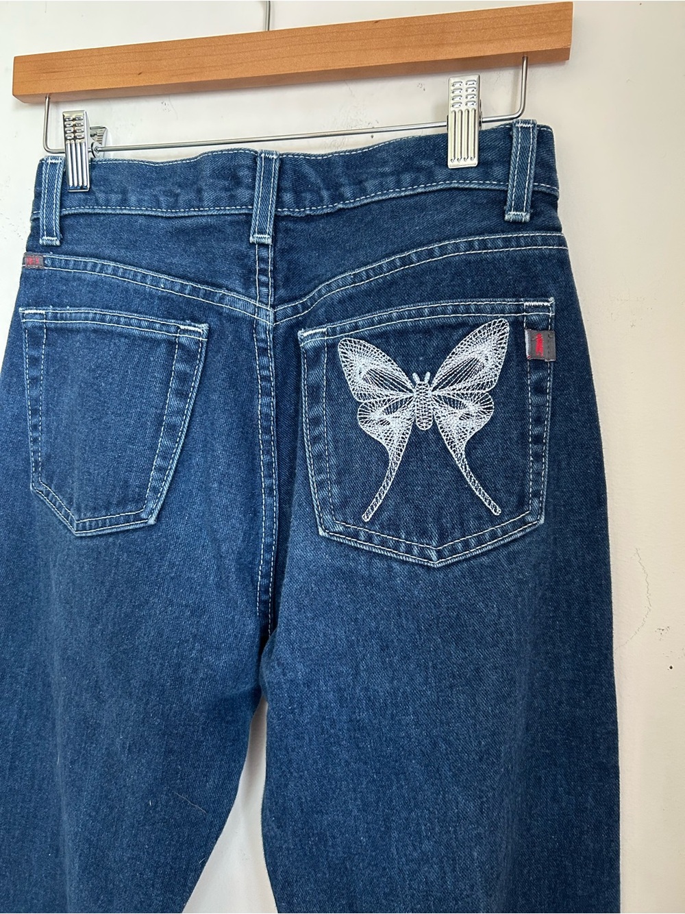 Women’s Dark Blue Denim Jeans with White Butterfly Embroidery